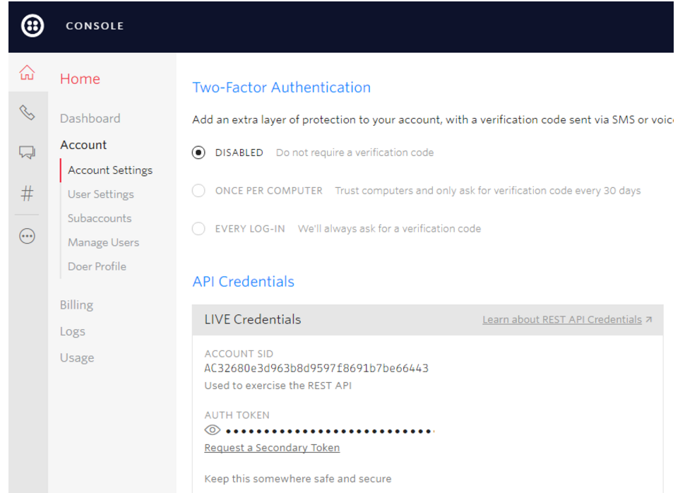 Twilio Live API Credentials